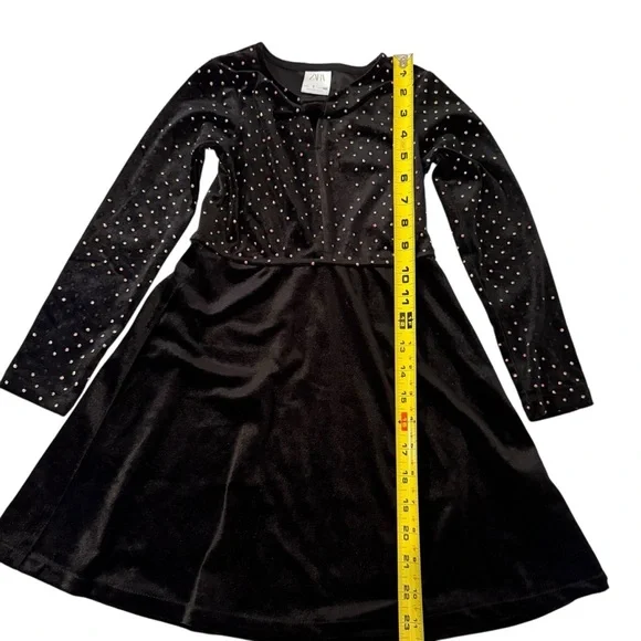 Zara | Kids Black Velvet Metallic Multicolor Dots. Long Sleeve Dress  -Size 7 - Picture 9 of 11